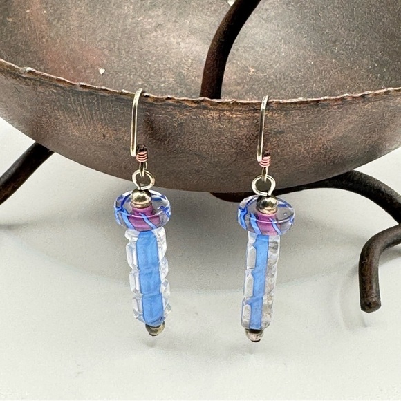 Jewelry - Furnace Glass Dangle Earrings | Blue & Purple Artisan Beads Boho Handmade Style